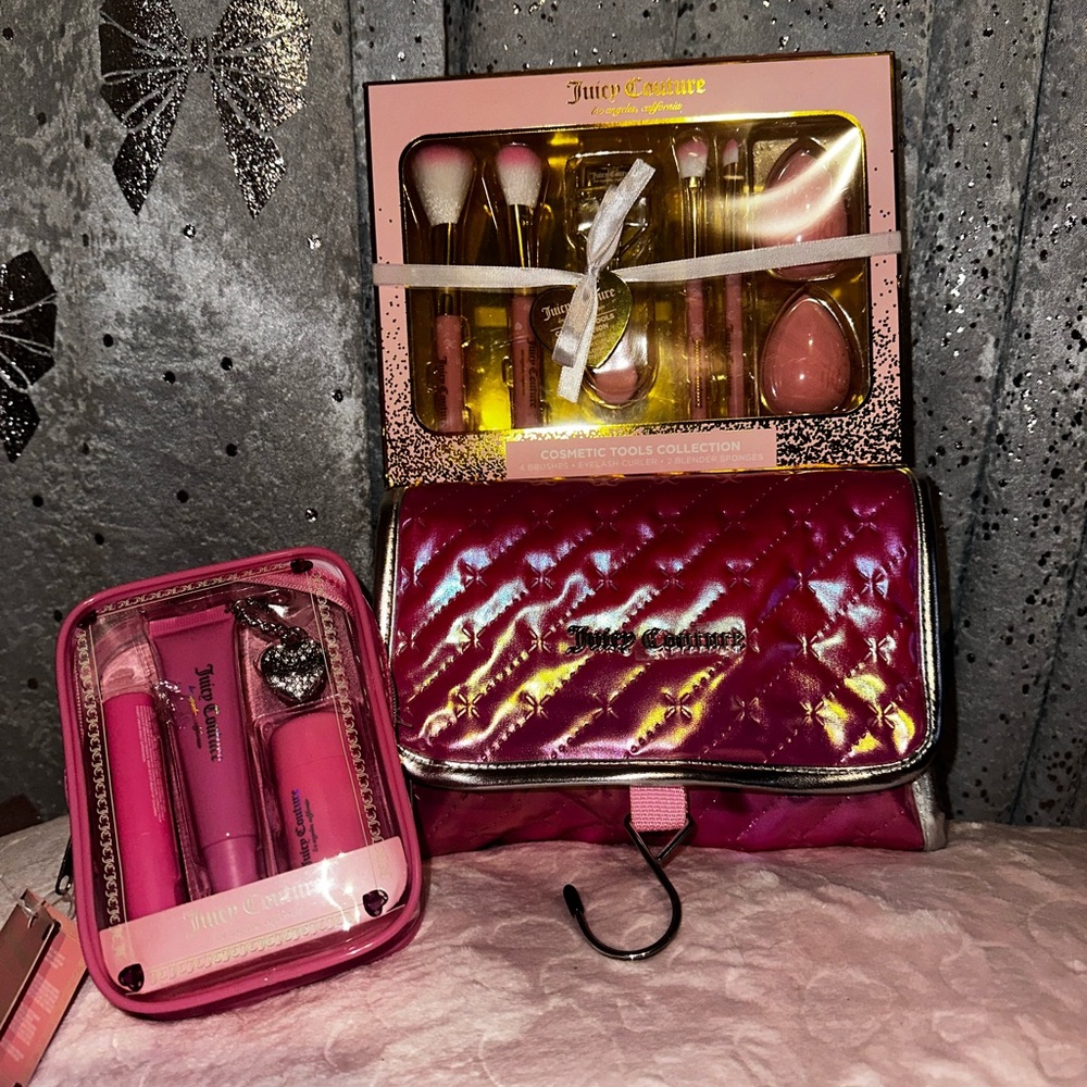 Juicy Couture pink makeup bag accessory set